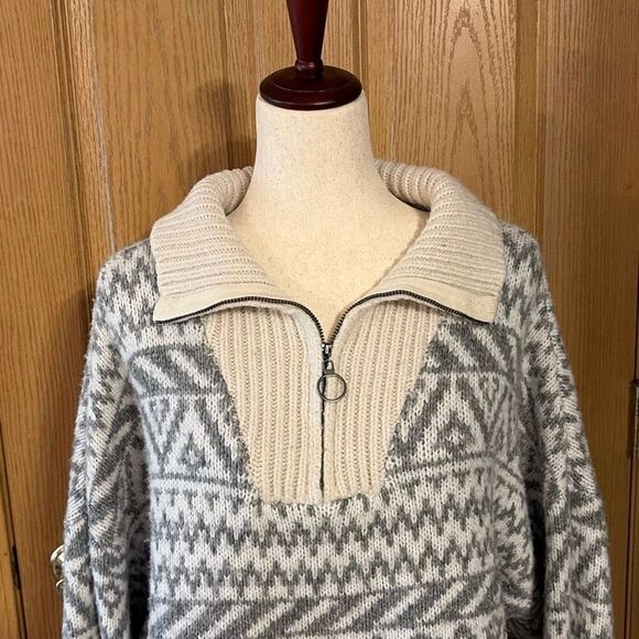 Aerie Gray Cream Wool Blend 1/4 Zip Pullover Sweater Oversized XL - Picture 5 of 9
